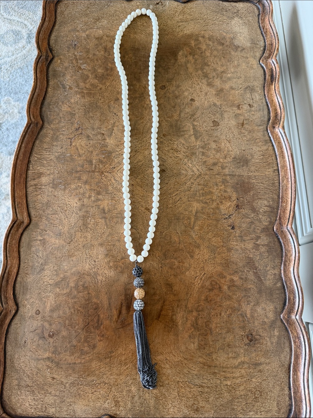 White Beaded Necklace with Black Tassel Necklace
